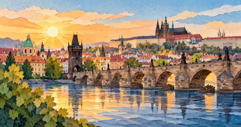 Panorama Prahy s Karlovým mostem a Pražským hradem v ranním světle