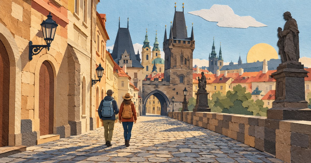 Dvojice turistů kráčí po dlažbě staré pražské uličky k věžím